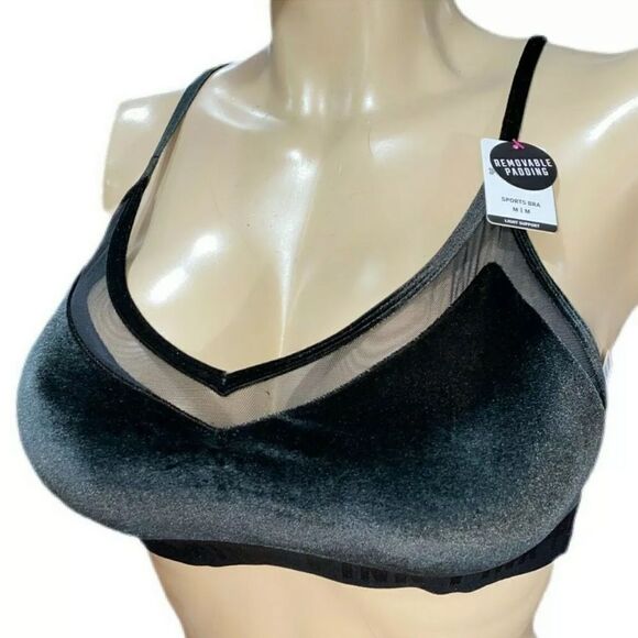 Victorias Secret Pink Ultimate Gym Lined Removable Padding Velvet bra black S M - Picture 1 of 3